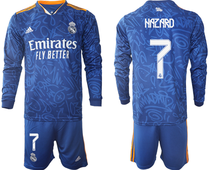 Men 2021-2022 Club Real Madrid away blue Long Sleeve #7 Soccer Jersey